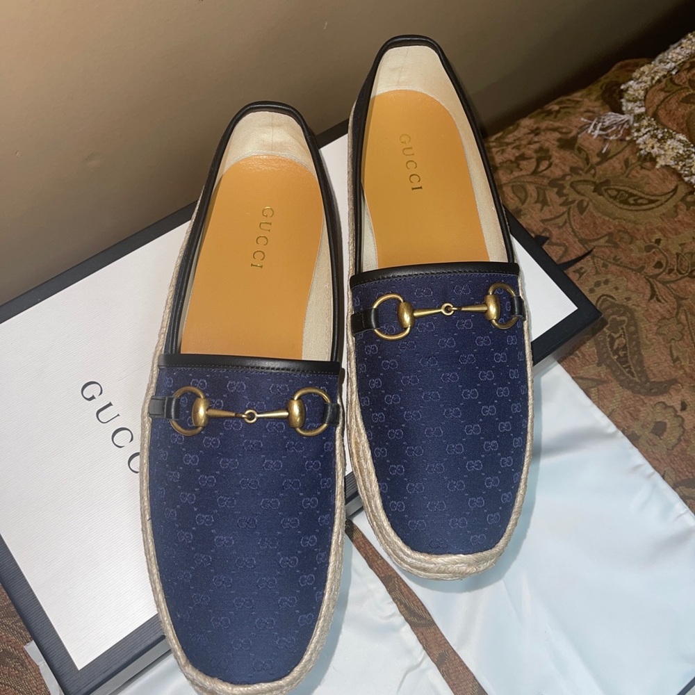 Gucci London Blue GG  Mignon Soft Canvas Horsebit Flat Espadrilles Men Sz 11 NIB - Picture 7 of 15
